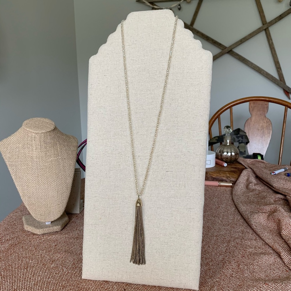 Long iridescent beaded gold tassel necklace